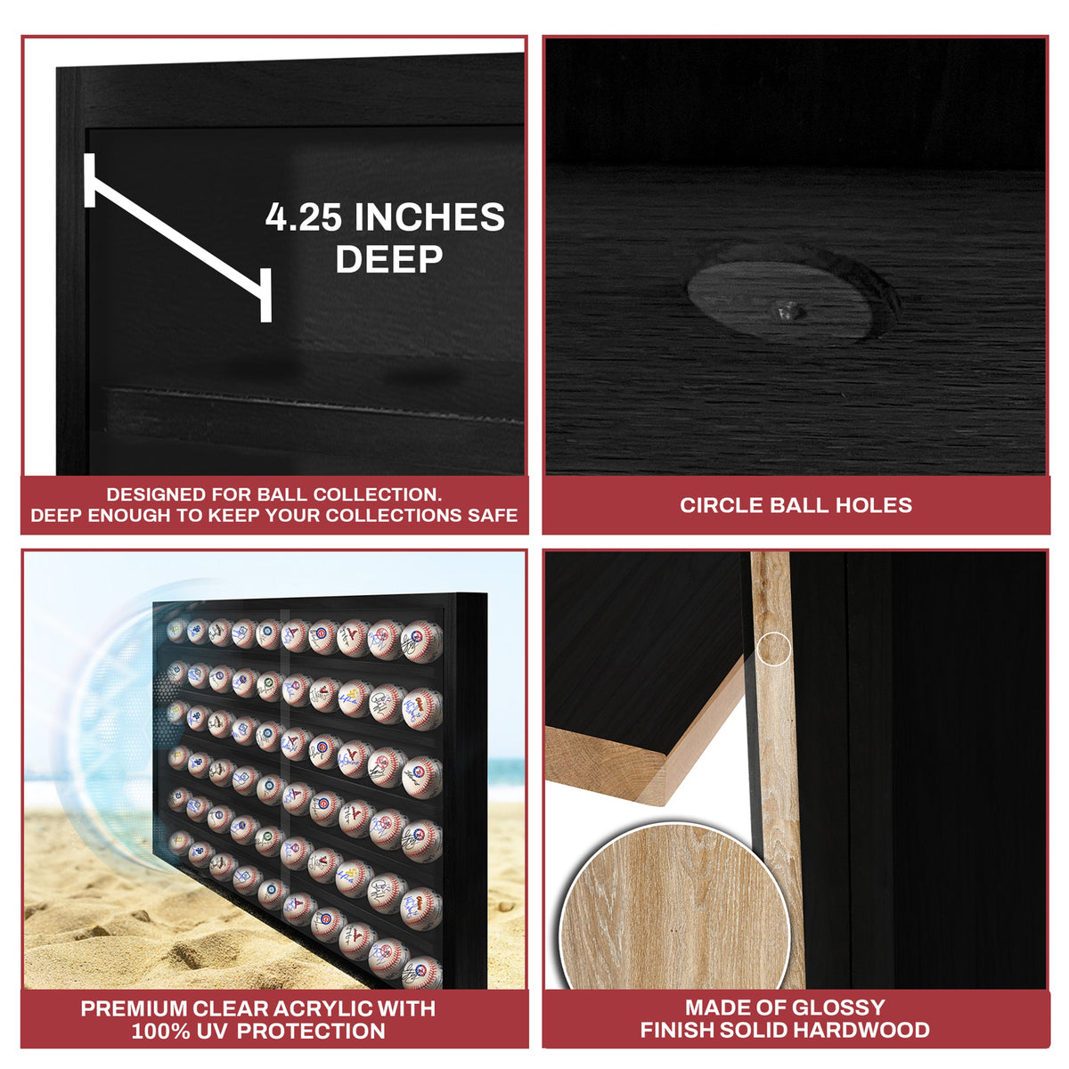 60 ball solid wood wall display case – view 3