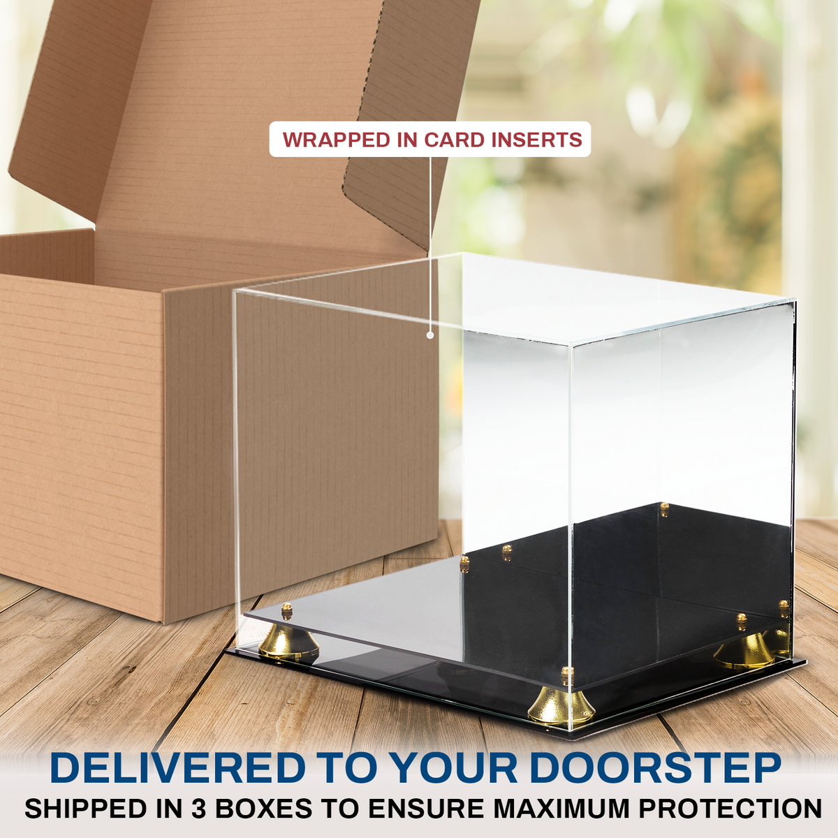 Acrylic helmet display case shipped in protective box