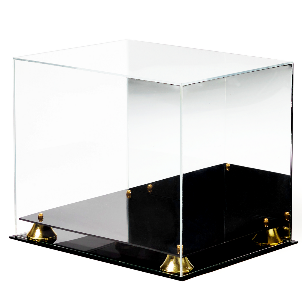 Empty clear acrylic full-size helmet display case with black base and gold risers
