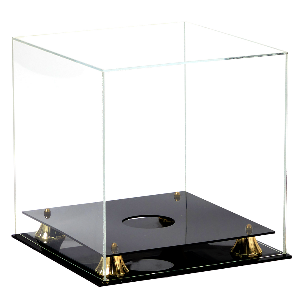 Empty acrylic basketball display case with gold risers